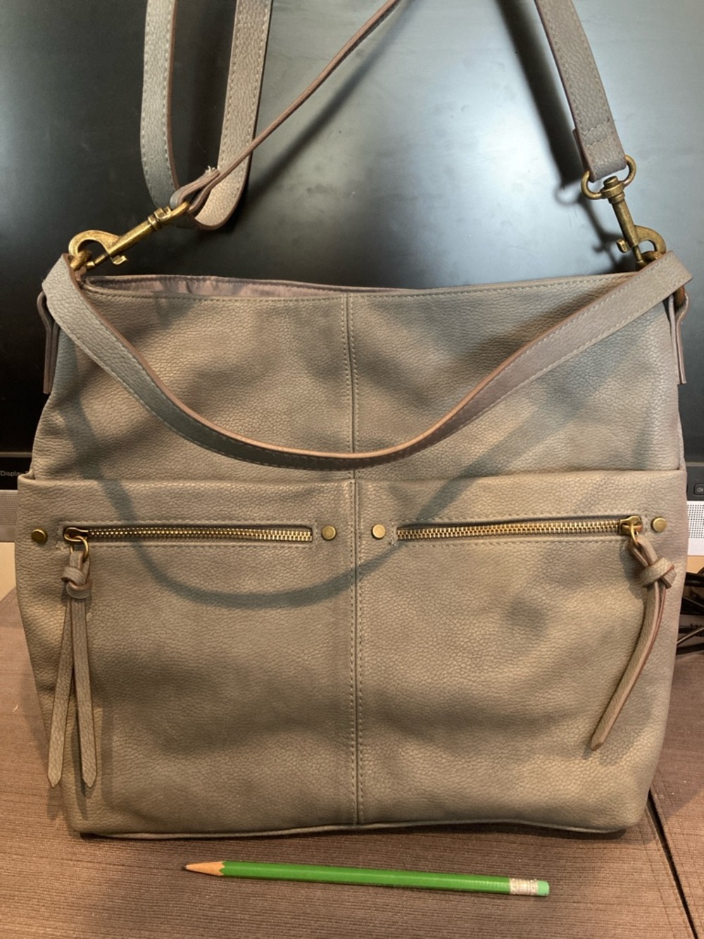 Sonoma Soft Faux Leather Gray Crossbody Bag with Front Zip Pockets